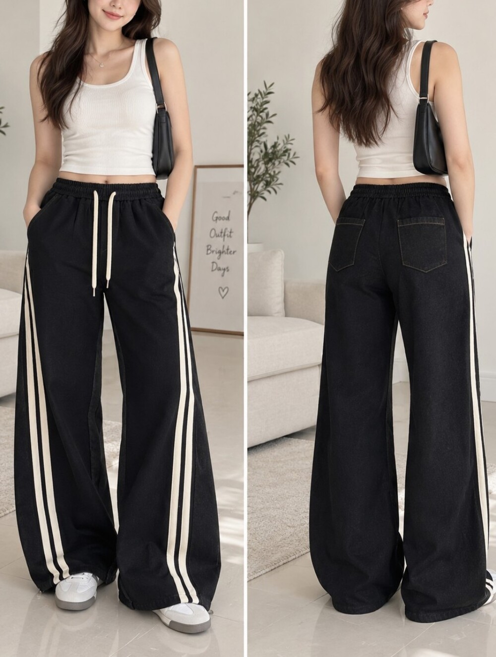Wide-Leg Track Pants with Side Stripes - Black